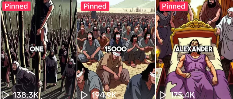Vídeos fixados de um canal faceless, cada um com centenas de milhares de visualizações